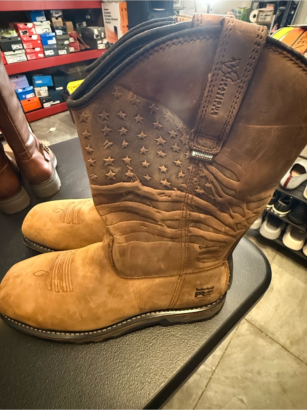 NWOT Timberland Ariat Tan/Brown Men's Western Work Boots with Flag Size 12